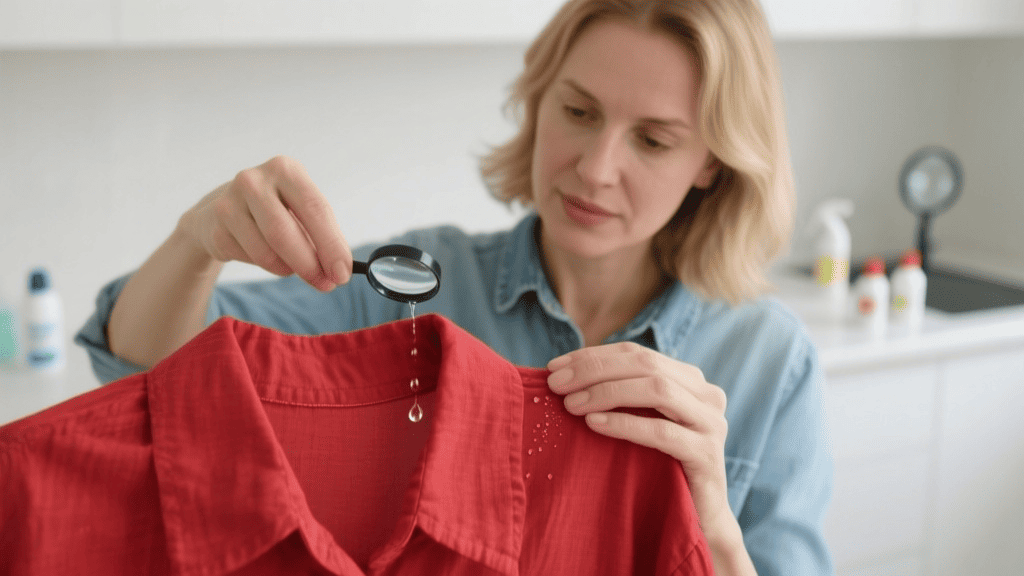 Тестирование чистящего раствора на ткани Капля воды падает на образец ткани. Женщина тестирует чистящий раствор на внутреннем шве красной льняной рубашки. На заднем плане размытая белая столешница с бутылочками чистящих средств и увеличительным стеклом.